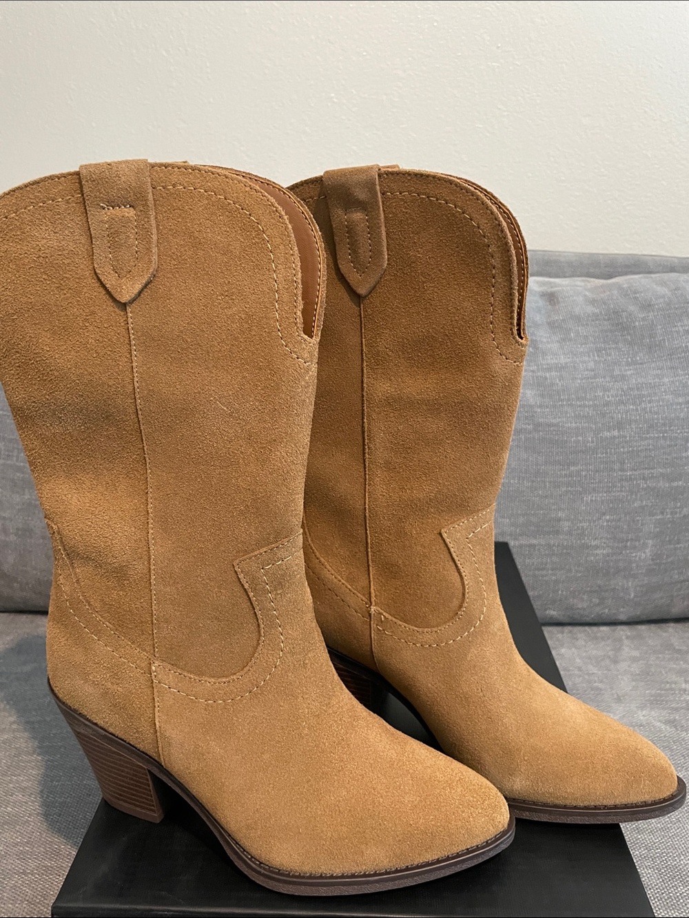 Michael Shannon Suede Tan Western Block-Heel Boots